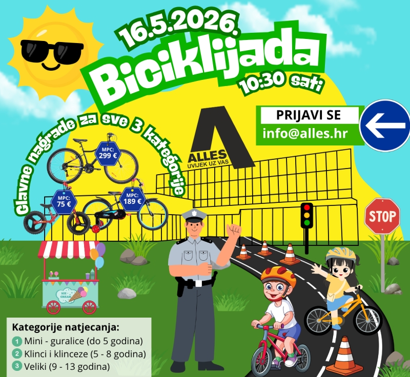 Alles dječja biciklijada sportsko-edukativni događaj namijenjen djeci i obiteljima 16. svibnja vas očekuje s nagradama