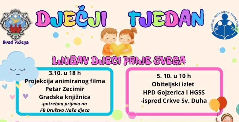 Društvo Naša djeca Požega najavilo Dječji tjedan za koji je pripremilo niz manifestacija, radionica i priredbi a sve počinje 3. 10.