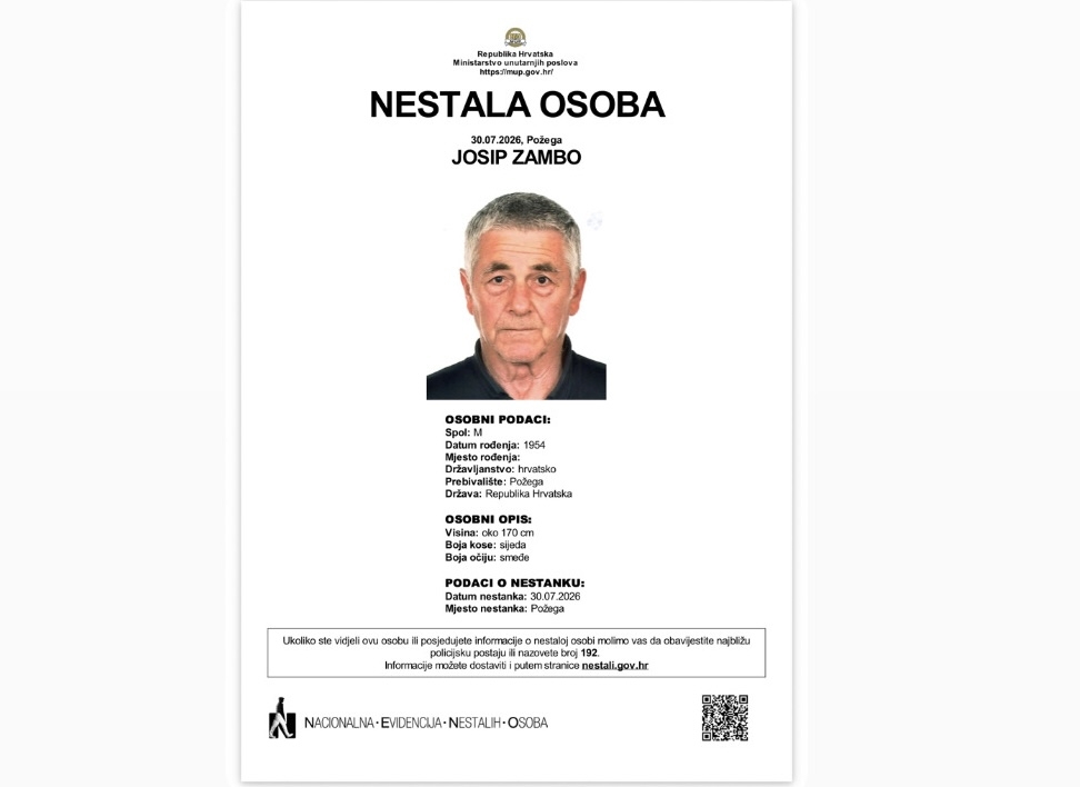 U Požegi nestao 72-godišnji Josip Zambo, policija traži pomoć građana
