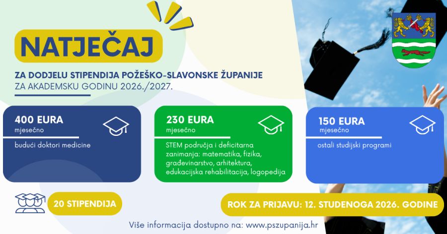 Do 400 eura mjesečno za studente: Požeško-slavonska županija objavila natječaj za dodjelu stipendija