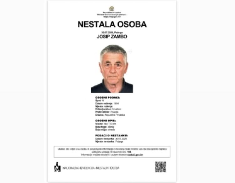 U Požegi nestao 72-godišnji Josip Zambo, policija traži pomoć građana