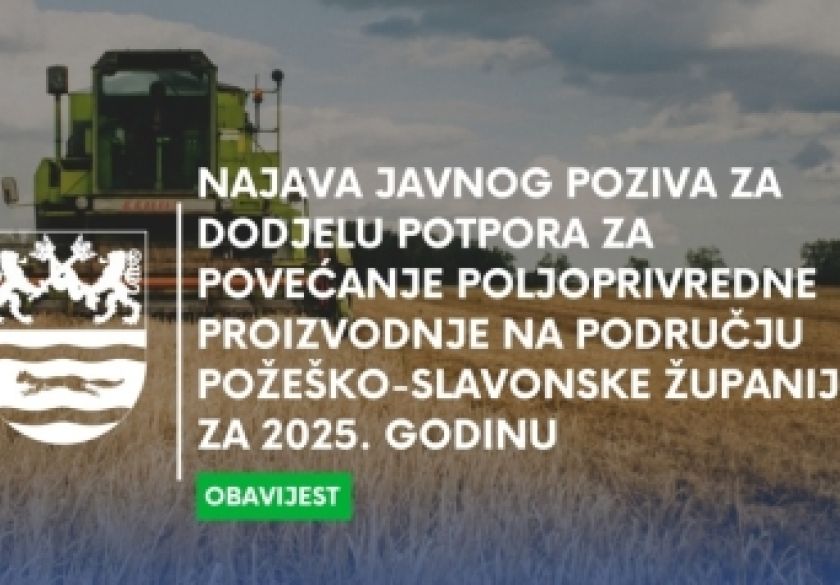 Objavljen Javni poziv za dodjelu potpora za povećanje poljoprivredne proizvodnje na području županije za 2025. godinu