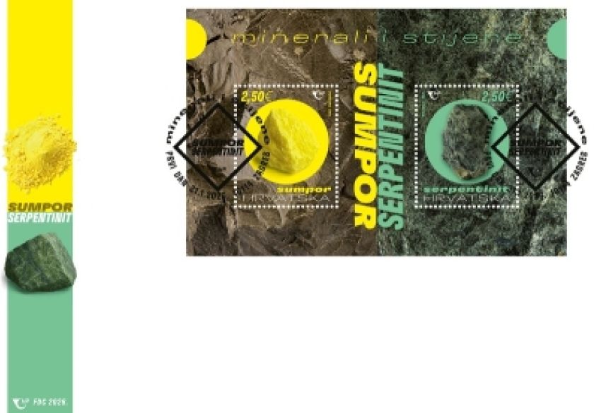 Prigodni poštanski blok Minerali i stijene - Prvo ovogodišnje izdanje prikazuje mineral sumpor i stijenu serpentinit