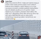 Moje ime je Sandra Šimić i majka sam djeteta kojeg je dotični mladi vozač usmrtio na pješačkom prijelazu